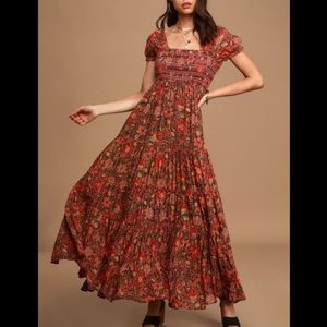 Free People Gateway Floral Smocked Pleated Maxi Dress Lined